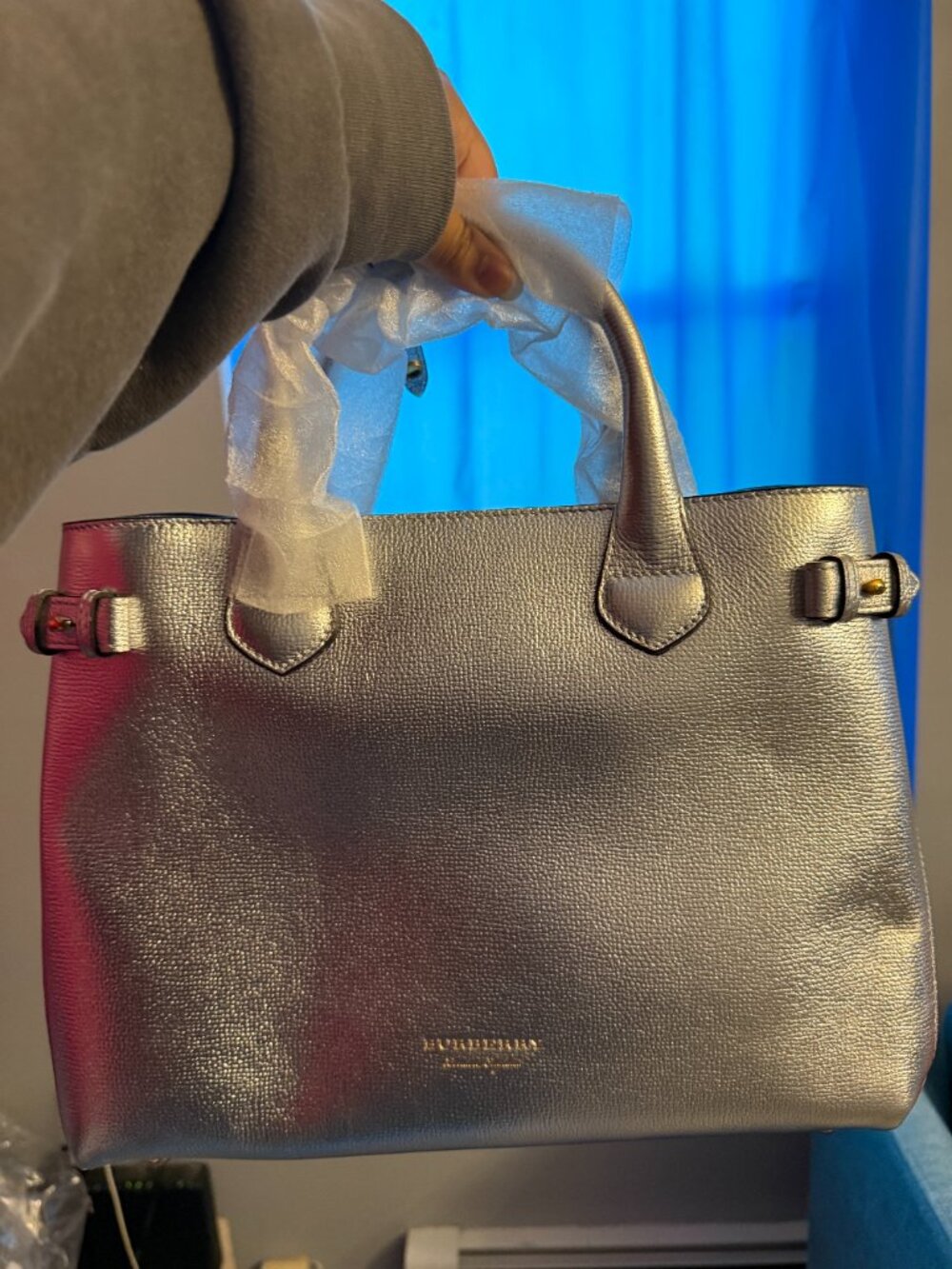 Burberry Metallic Grainy Calfskin House Check Medium Banner Tote